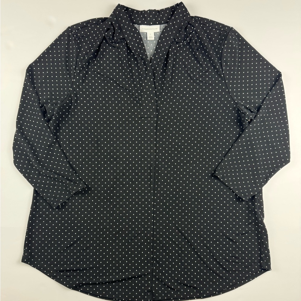 Charter Club Black and White Polka dot V-neck stretchy 3/4 sleeve shirt Large